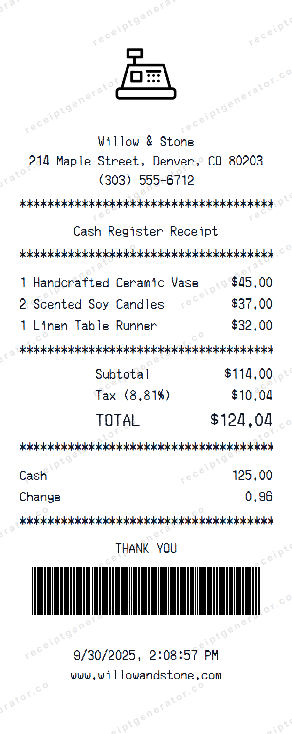 Cash Register Receipt Template Cash Register receipt template preview — realistic Cash Register receipt with items, prices, tax, and payment details