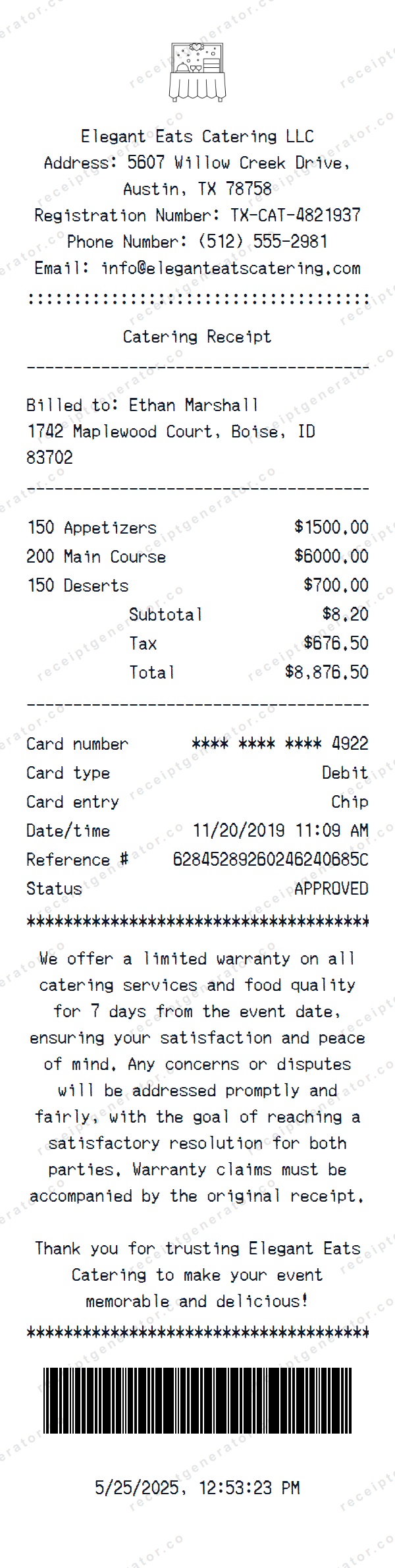 Catering Receipt Template Catering receipt template preview — realistic Catering receipt with items, prices, tax, and payment details