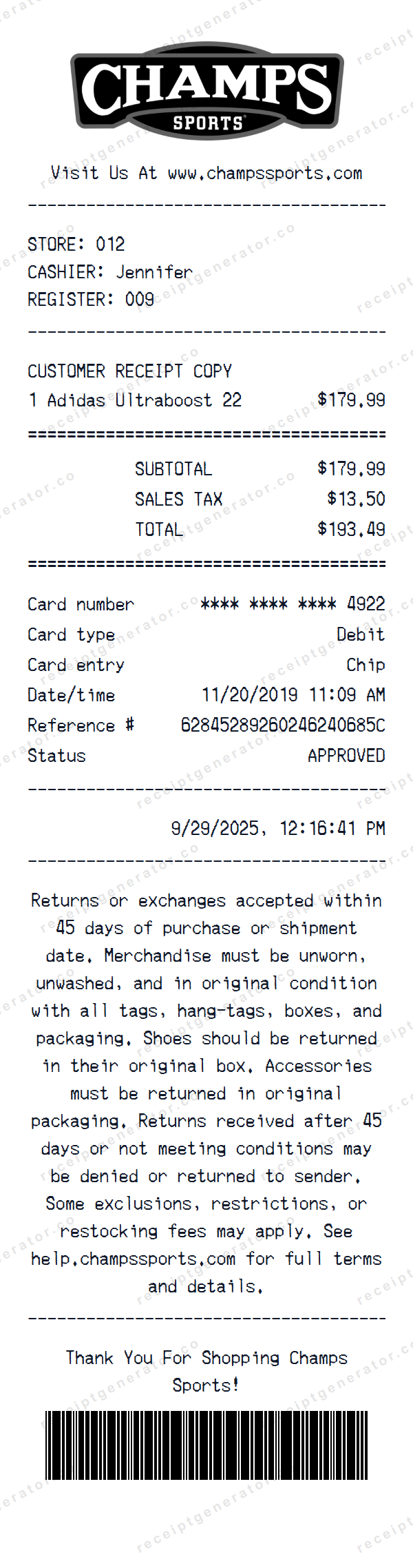 Champs Sports Receipt Template Champs Sports receipt template preview — realistic Champs Sports receipt with items, prices, tax, and payment details