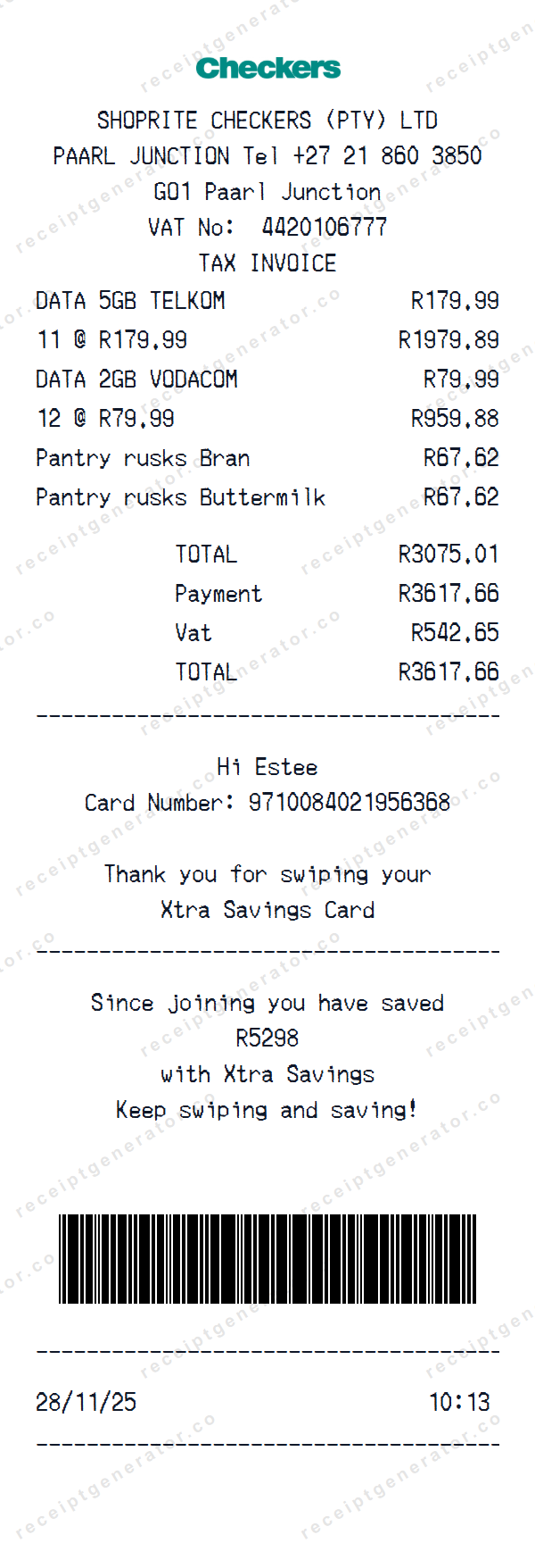 Checkers Receipt Template Checkers receipt template preview — realistic Checkers receipt with items, prices, tax, and payment details