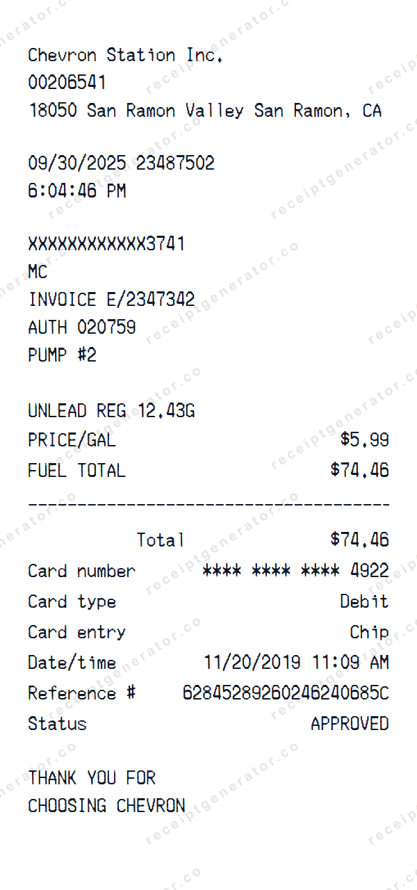 Chevron Receipt Template Chevron receipt template preview — realistic Chevron receipt with items, prices, tax, and payment details