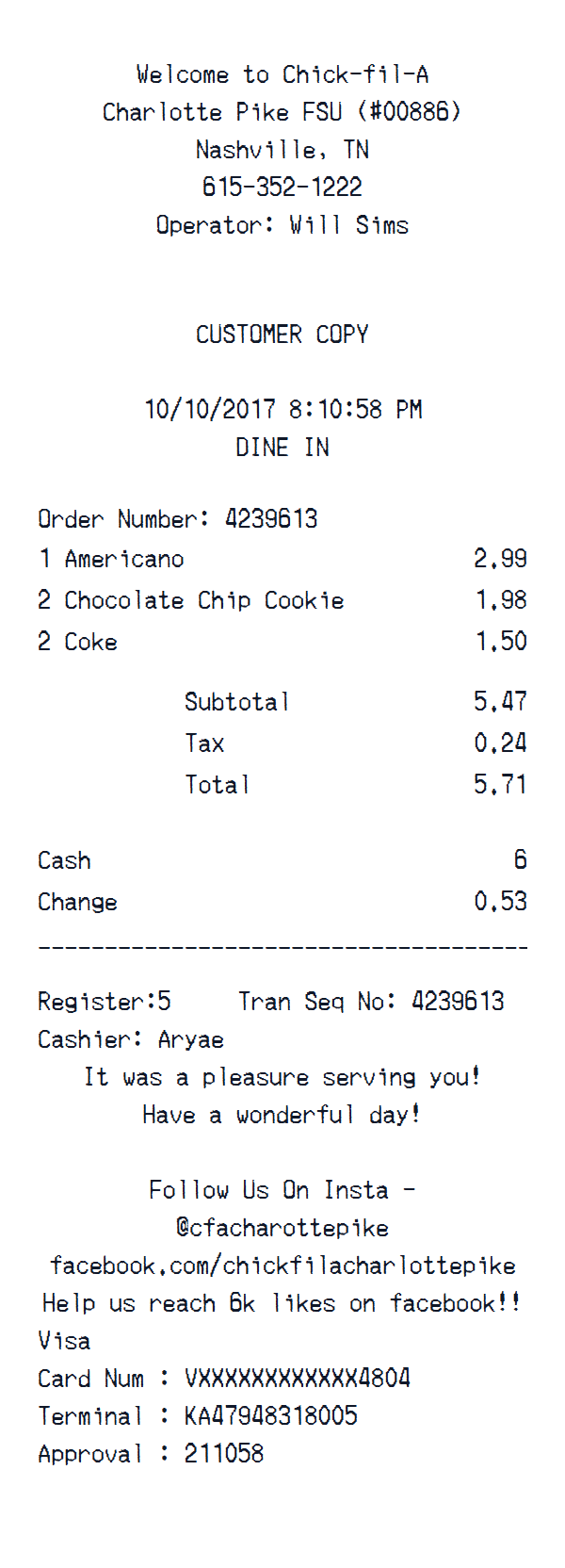 Chick-fil-A receipt example