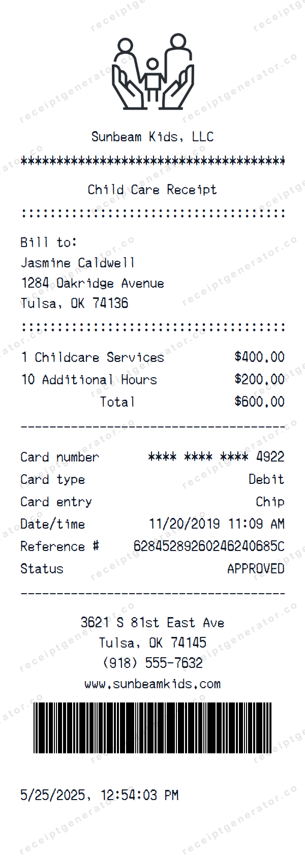 Child Care Receipt Template Child Care receipt template preview — realistic Child Care receipt with items, prices, tax, and payment details