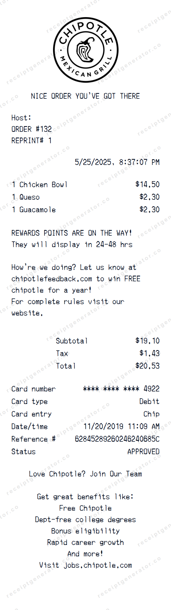 Chipotle Receipt Template Chipotle receipt template preview — realistic Chipotle receipt with items, prices, tax, and payment details