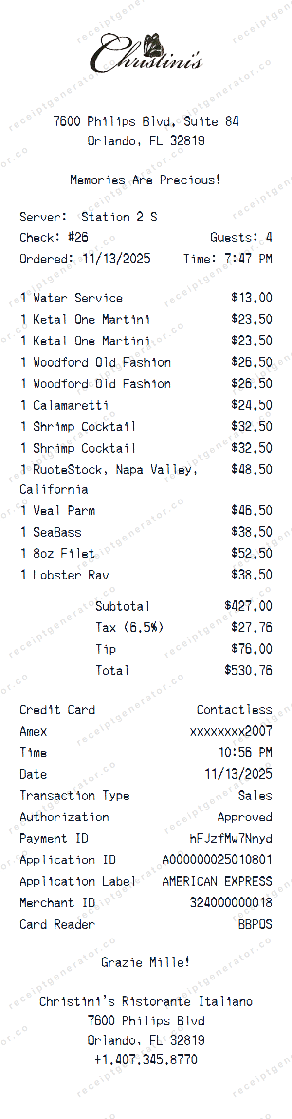 Christini's Ristorante Italiano Receipt Template Christini's Ristorante Italiano receipt template preview — realistic Christini's Ristorante Italiano receipt with items, prices, tax, and payment details