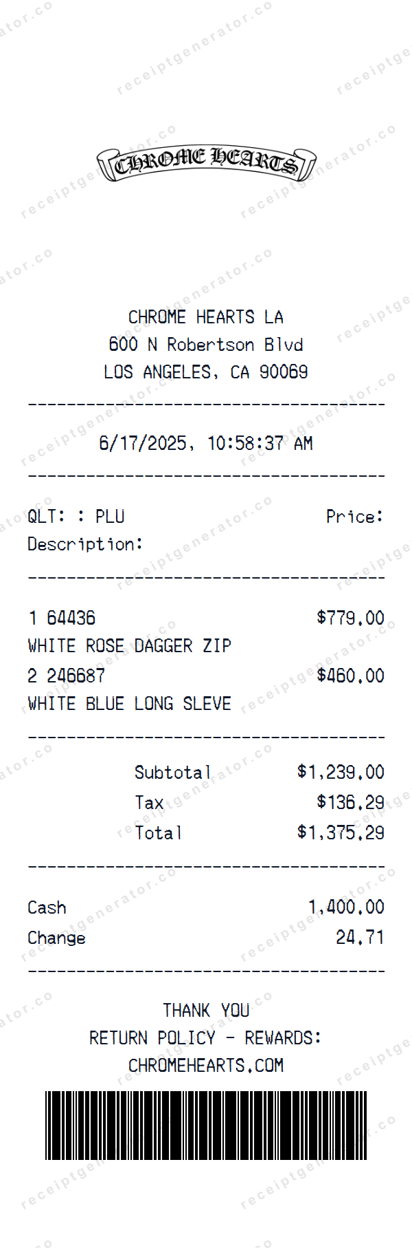 Chrome Hearts Receipt Template Chrome Hearts receipt template preview — realistic Chrome Hearts receipt with items, prices, tax, and payment details