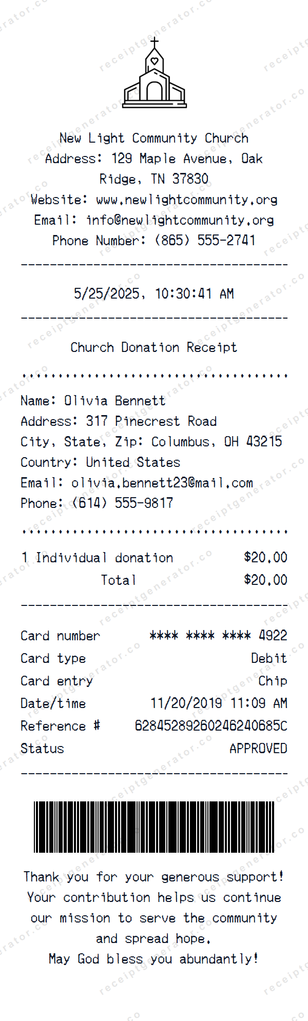 Church Donation Receipt Template Church Donation receipt template preview — realistic Church Donation receipt with items, prices, tax, and payment details
