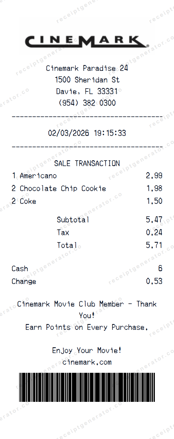 Cinemark Receipt Template Cinemark receipt template preview — realistic Cinemark receipt with items, prices, tax, and payment details