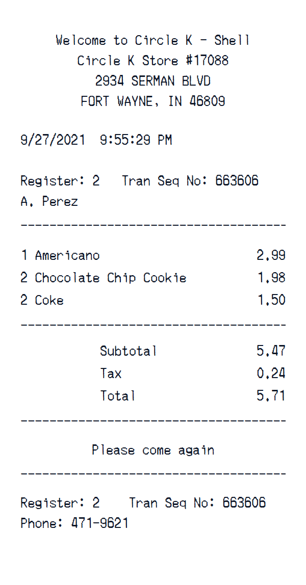 Circle K receipt example