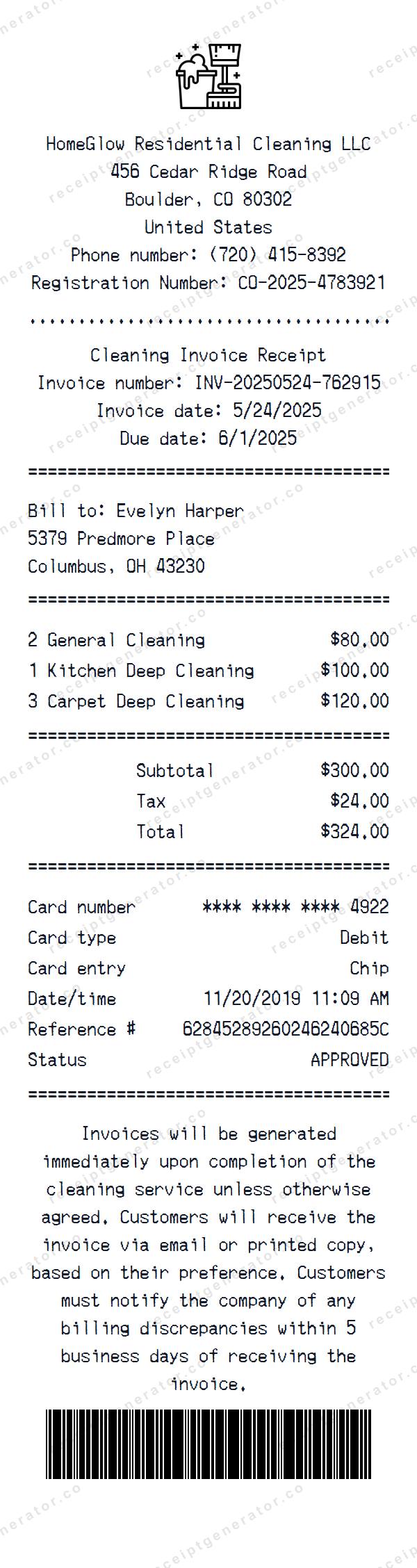 Cleaning Invoice Receipt Template Cleaning Invoice receipt template preview — realistic Cleaning Invoice receipt with items, prices, tax, and payment details