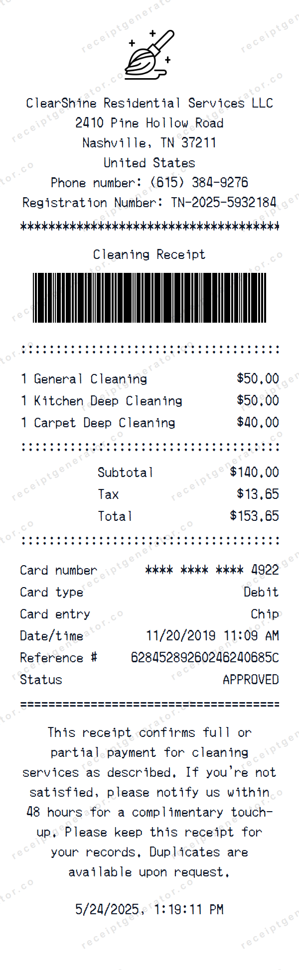 Cleaning Receipt Template Cleaning receipt template preview — realistic Cleaning receipt with items, prices, tax, and payment details
