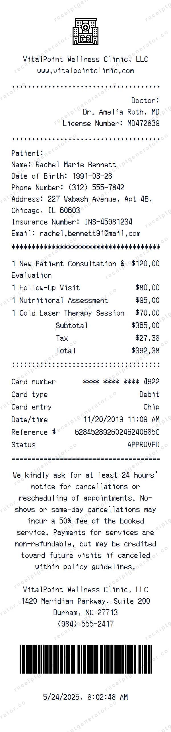 Clinic Receipt Template Clinic receipt template preview — realistic Clinic receipt with items, prices, tax, and payment details