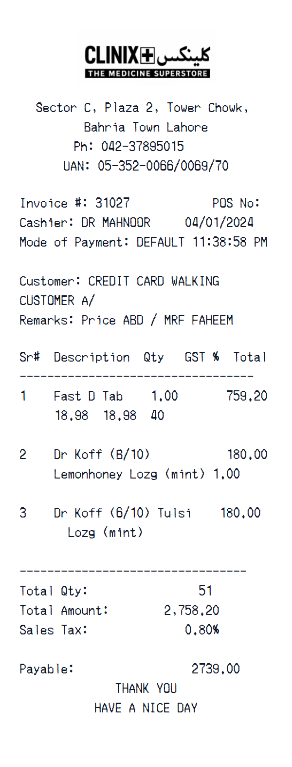 Clinix Medicine Superstore receipt example