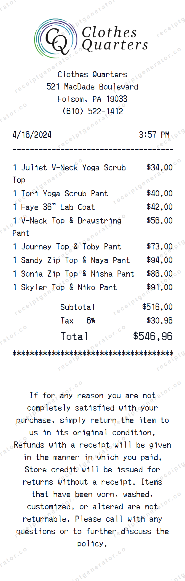 Clothes Quarters Receipt Template Clothes Quarters receipt template preview — realistic Clothes Quarters receipt with items, prices, tax, and payment details