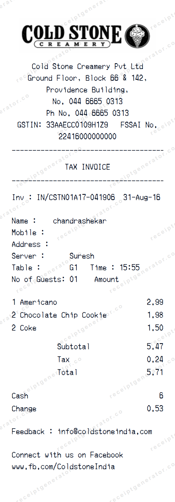 Cold Stone Creamery Receipt Template Cold Stone Creamery receipt template preview — realistic Cold Stone Creamery receipt with items, prices, tax, and payment details