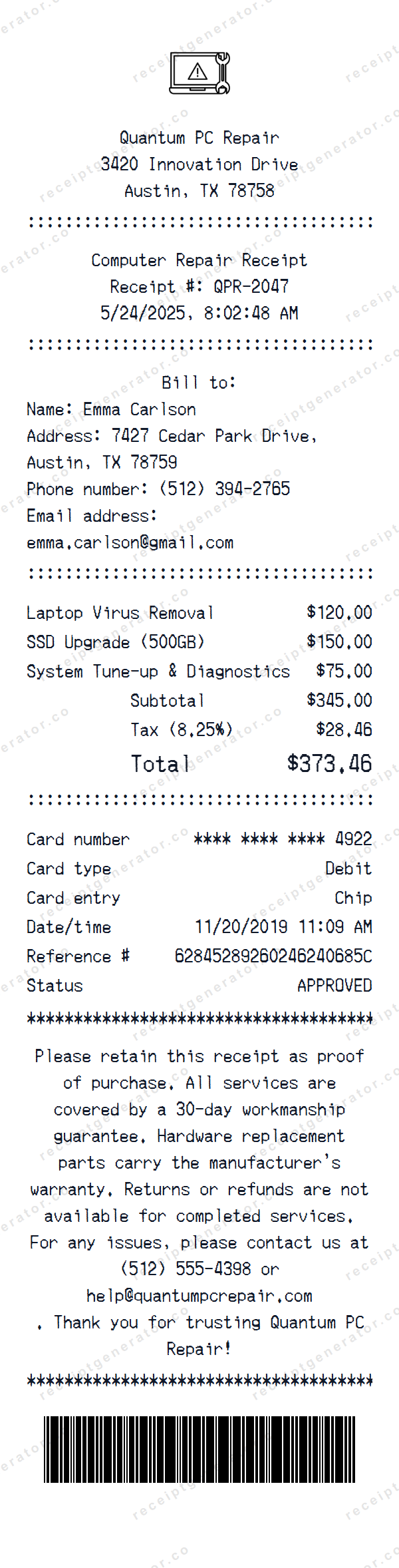 Computer Repair Receipt Template Computer Repair receipt template preview — realistic Computer Repair receipt with items, prices, tax, and payment details