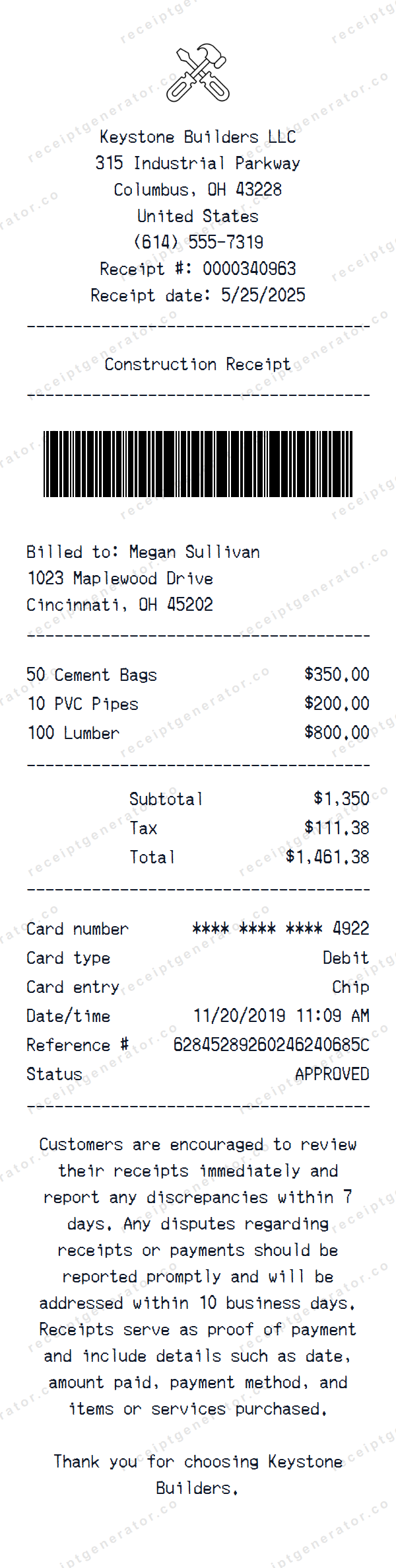 Construction Receipt Template Construction receipt template preview — realistic Construction receipt with items, prices, tax, and payment details
