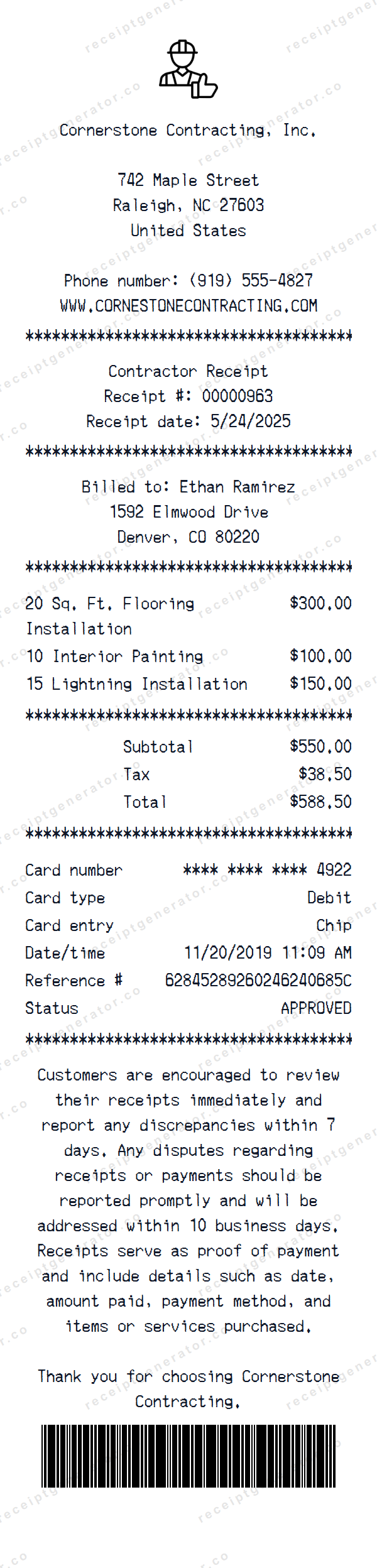 Contractor Receipt Template Contractor receipt template preview — realistic Contractor receipt with items, prices, tax, and payment details