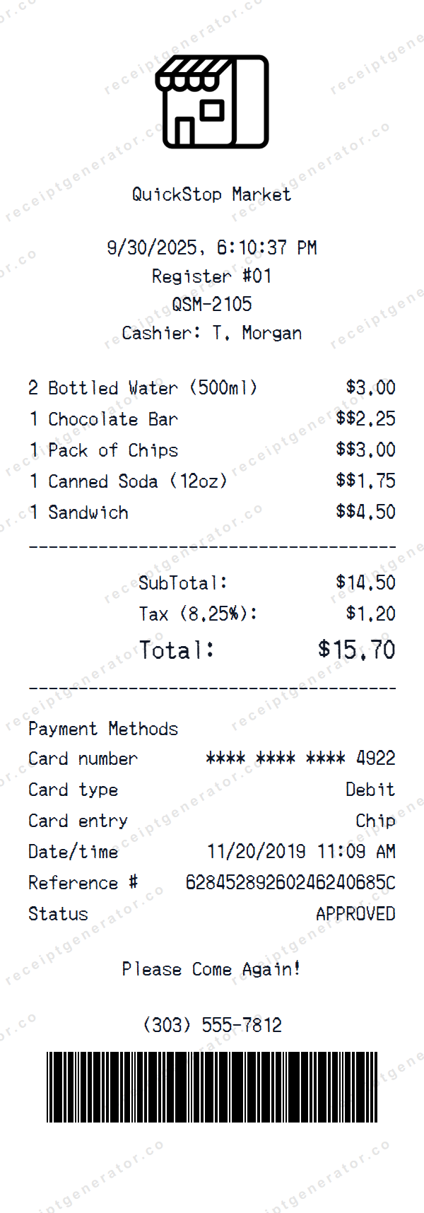 Convenience Store Receipt Template Convenience Store receipt template preview — realistic Convenience Store receipt with items, prices, tax, and payment details