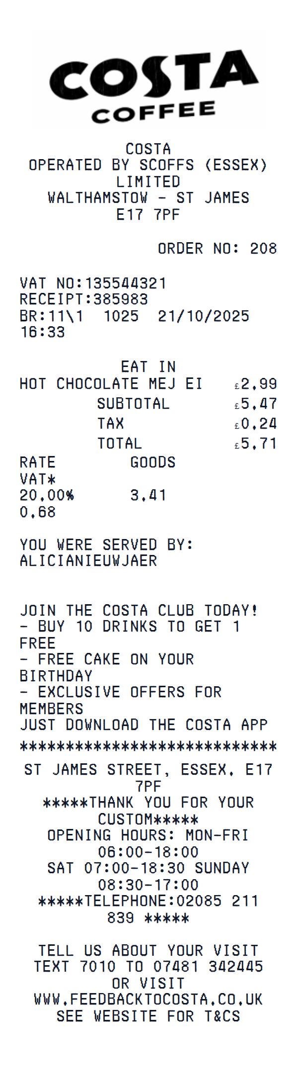 Costa Coffee Receipt preview
