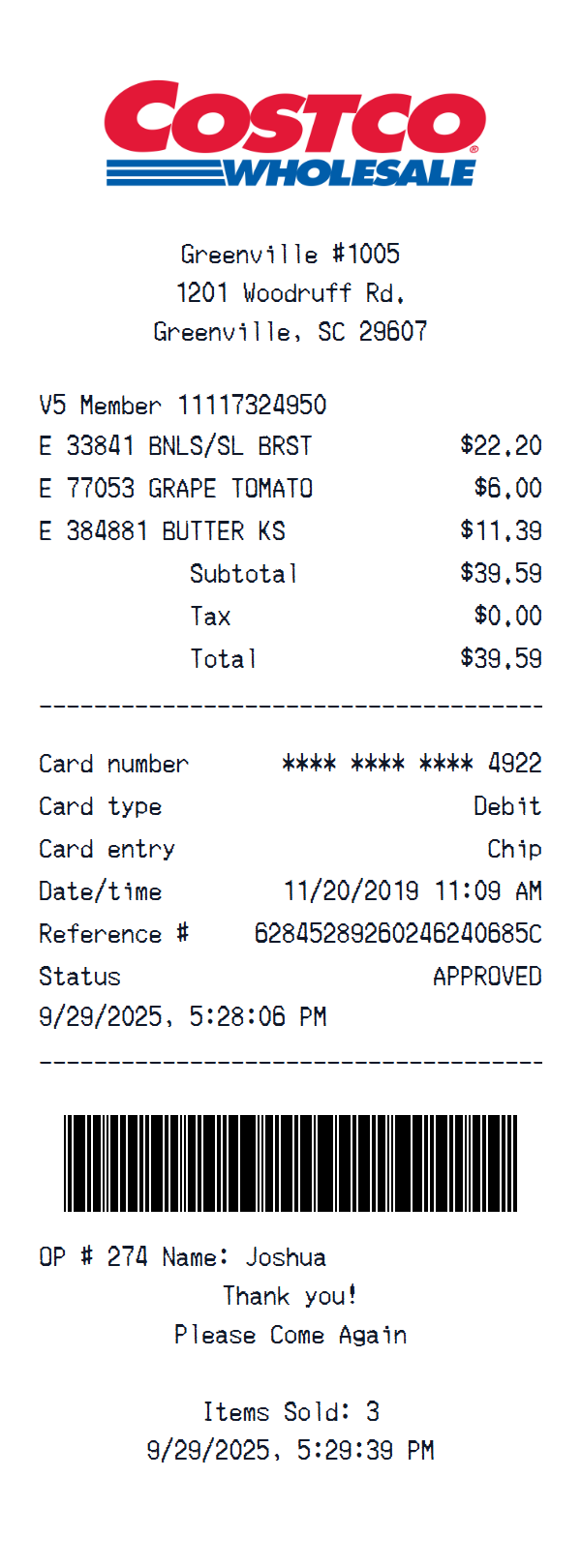 Costco receipt example