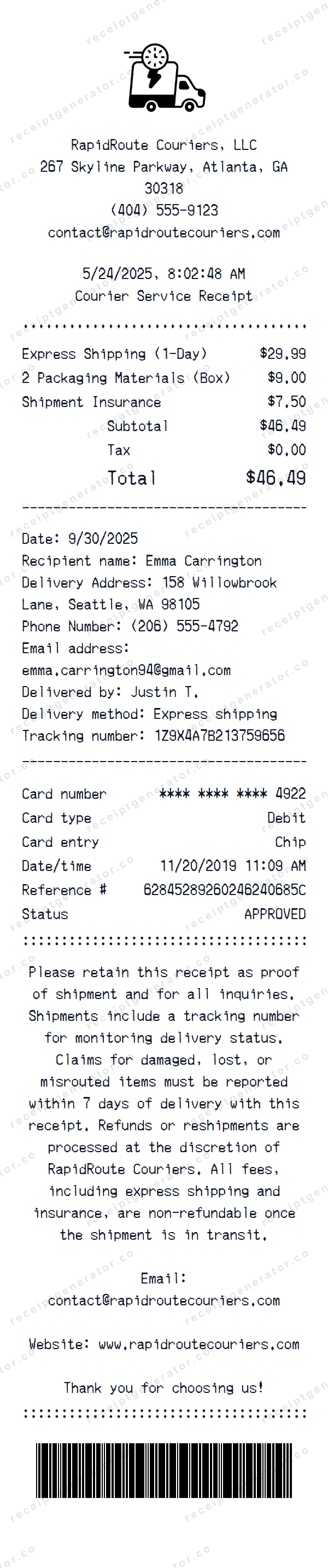 Courier Service Receipt Template Courier Service receipt template preview — realistic Courier Service receipt with items, prices, tax, and payment details