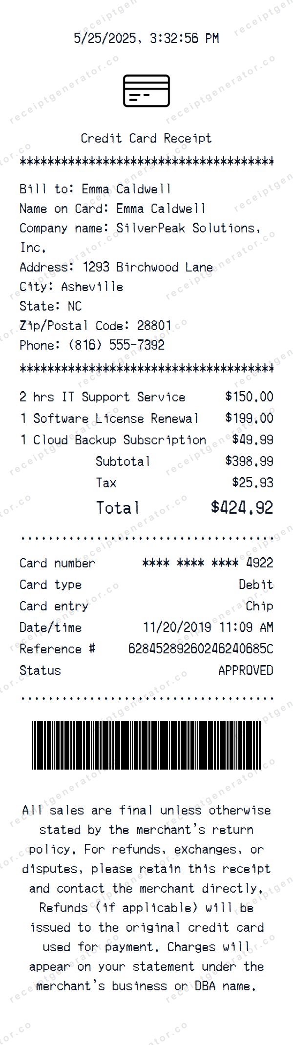 Credit Card Receipt Template Credit Card receipt template preview — realistic Credit Card receipt with items, prices, tax, and payment details