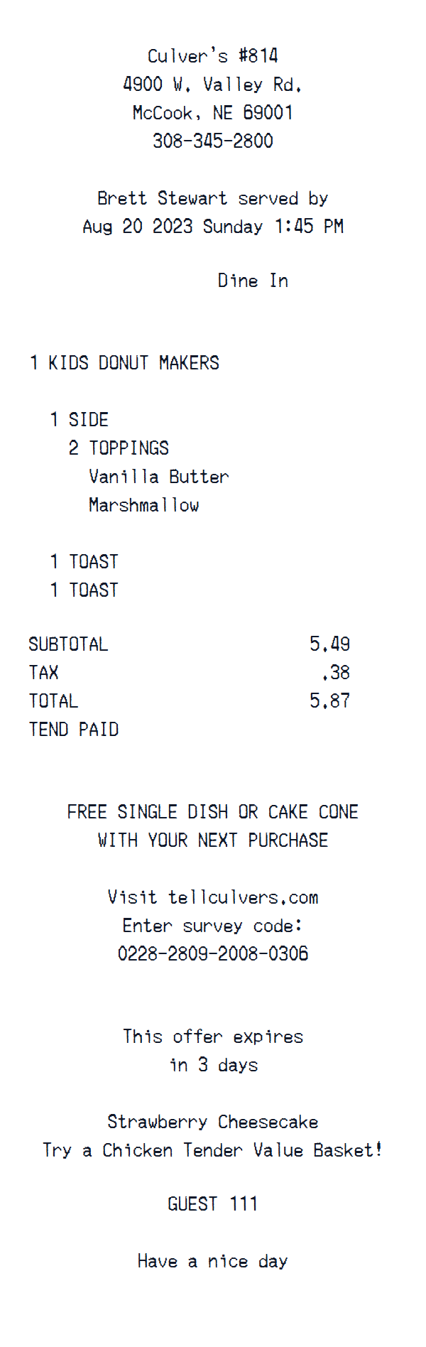 Culver’s receipt example