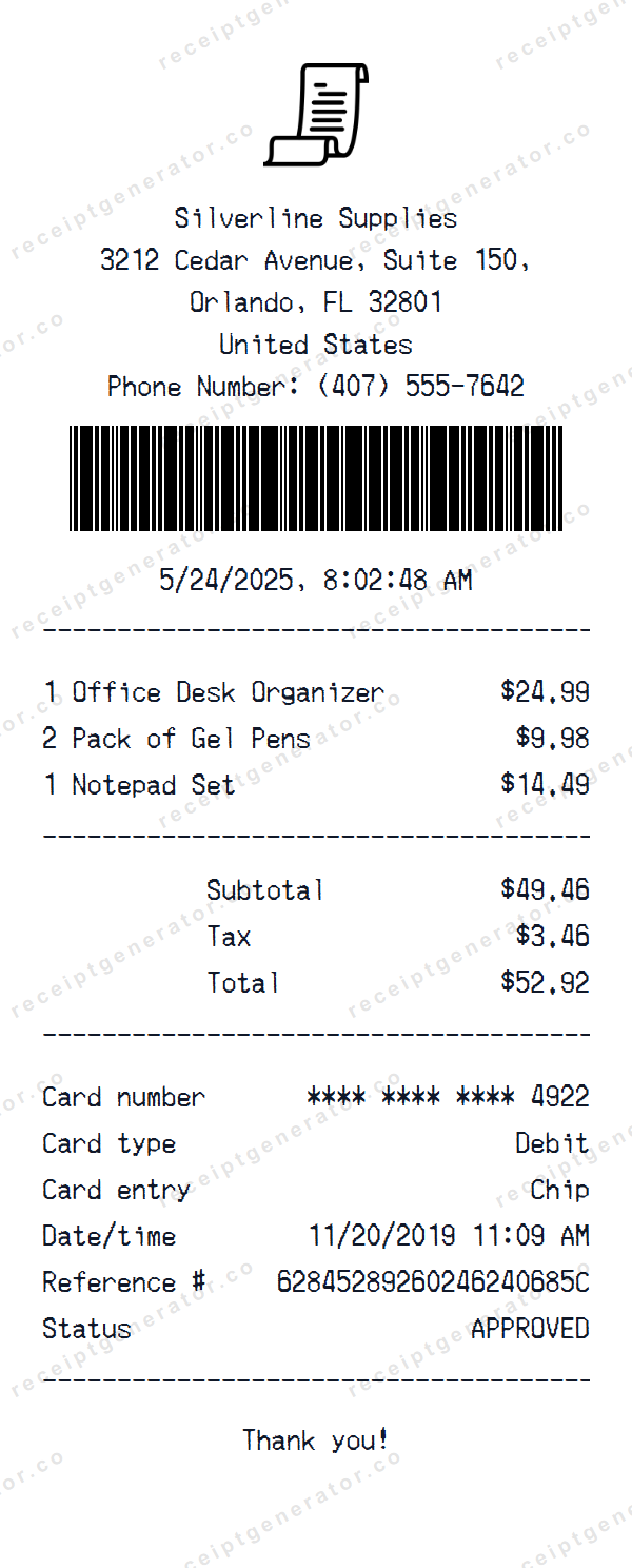 Custom Receipt Template Receipt Template Custom Receipt Template receipt template preview — realistic Custom Receipt Template receipt with items, prices, tax, and payment details