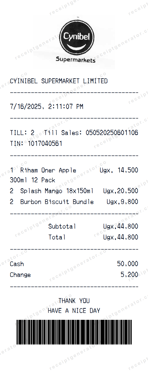 Cynibel Supermarket Receipt Template Cynibel Supermarket receipt template preview — realistic Cynibel Supermarket receipt with items, prices, tax, and payment details