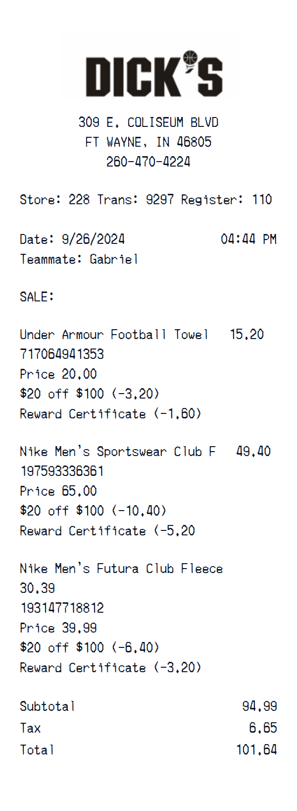 DICK’S Receipt preview