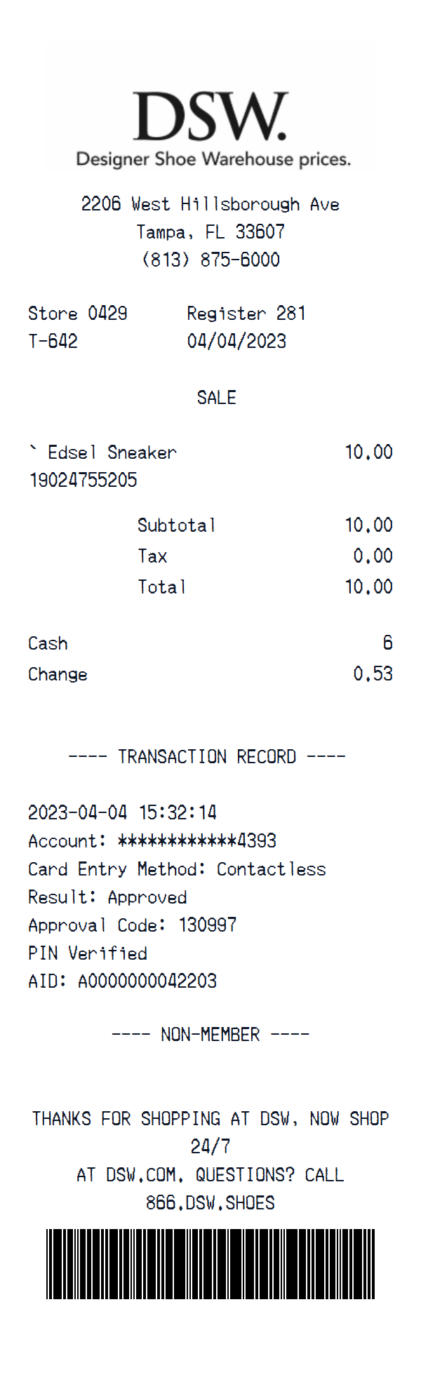 DSW receipt example