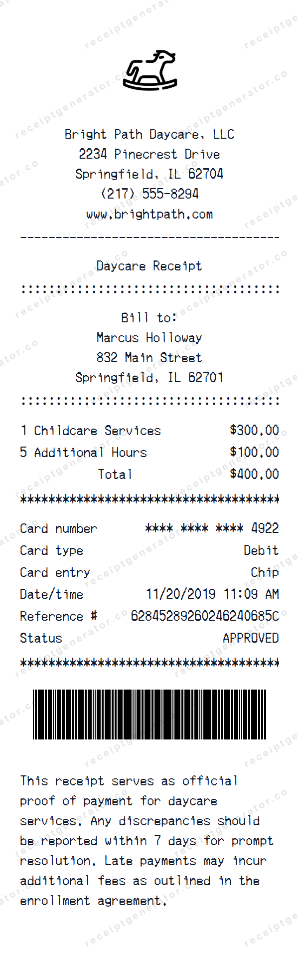 Daycare Receipt Template Daycare receipt template preview — realistic Daycare receipt with items, prices, tax, and payment details