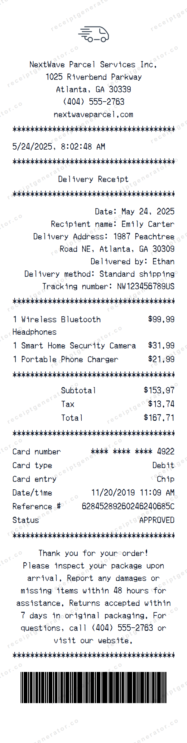 Delivery Receipt Template Delivery receipt template preview — realistic Delivery receipt with items, prices, tax, and payment details