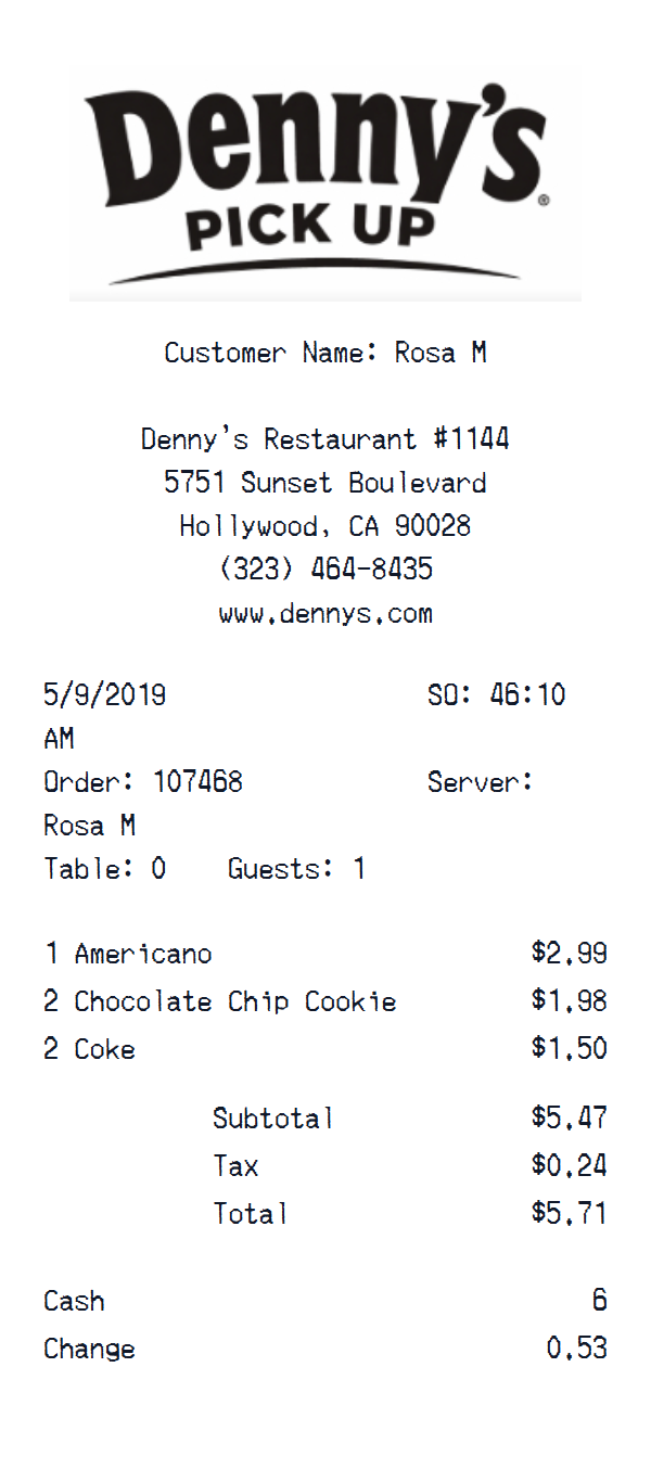 Denny’s PickUp Receipt receipt example