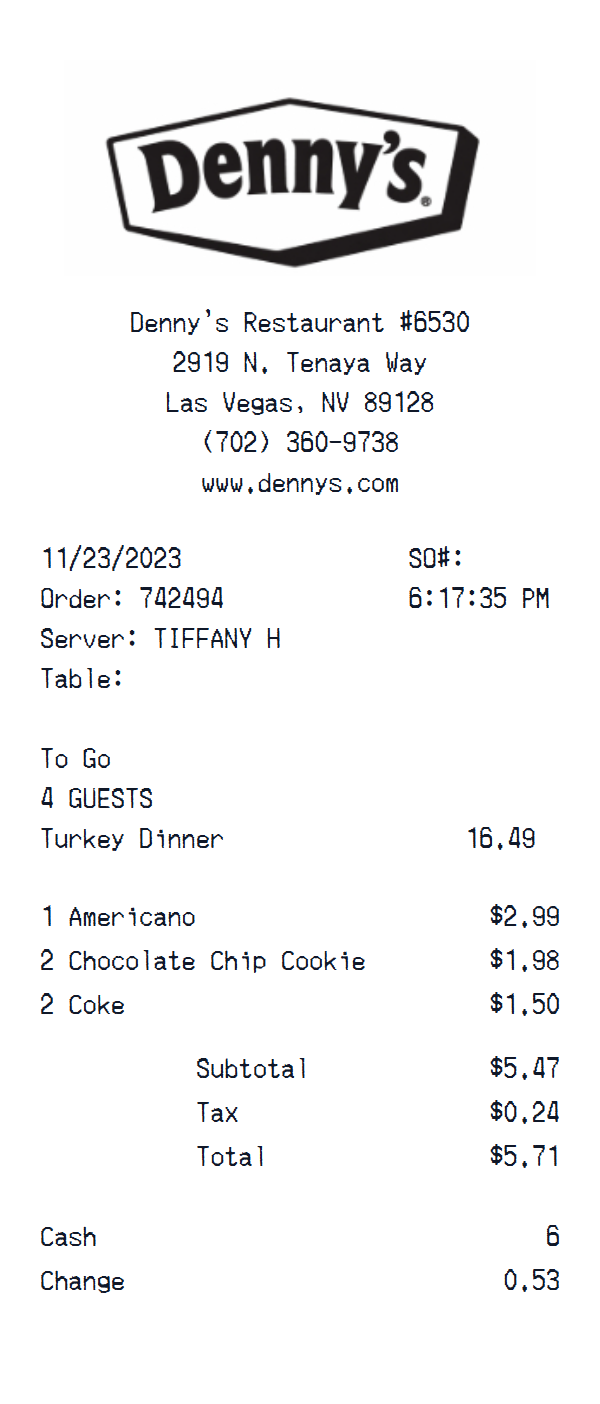 Denny’s Restaurant receipt example