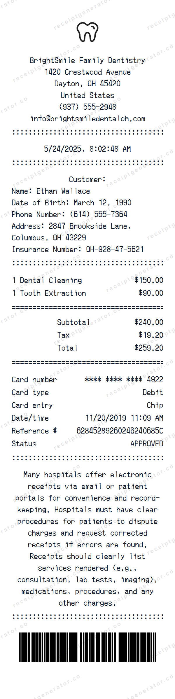 Dental Receipt Template Dental receipt template preview — realistic Dental receipt with items, prices, tax, and payment details