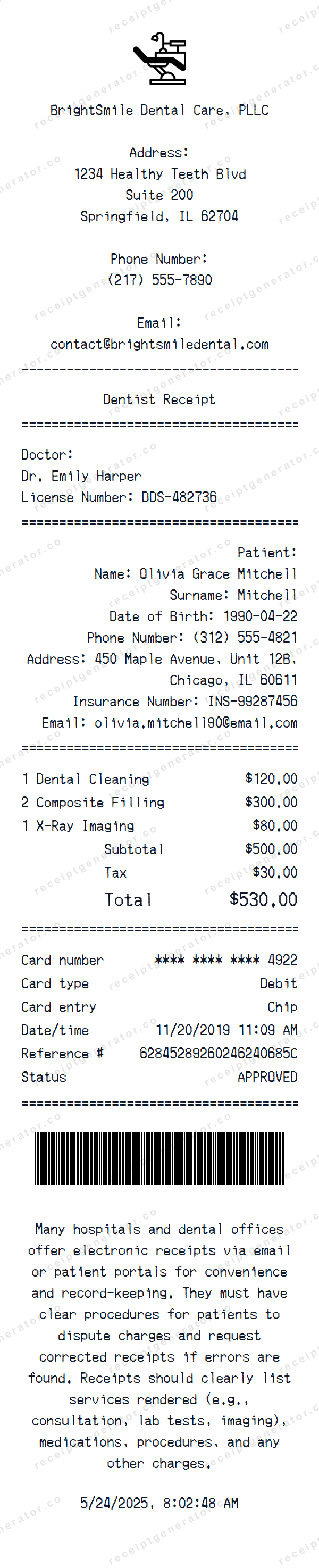 Dentist Receipt Template Dentist receipt template preview — realistic Dentist receipt with items, prices, tax, and payment details
