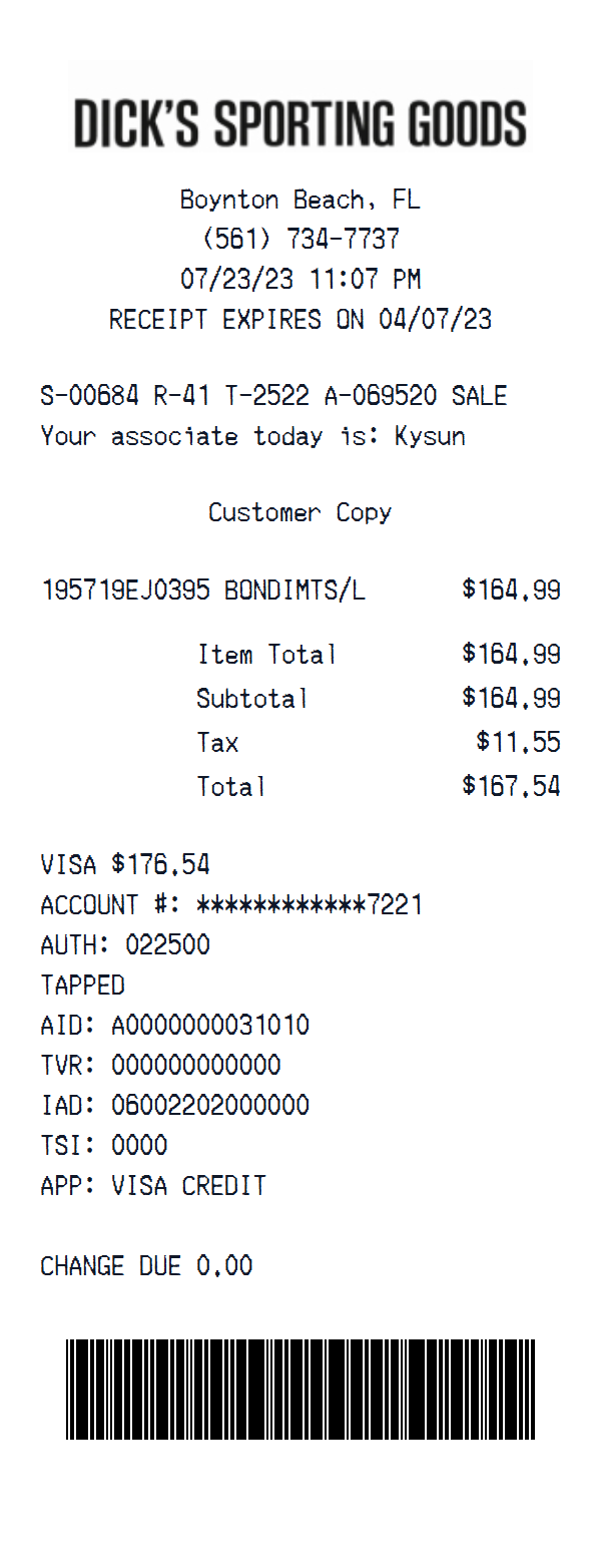 Dick’s Sporting Goods receipt example