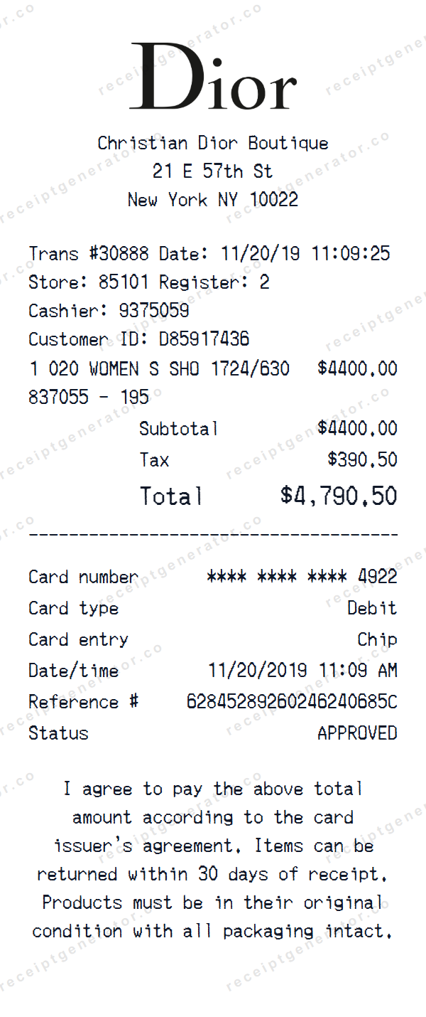Dior Receipt Template Dior receipt template preview — realistic Dior receipt with items, prices, tax, and payment details