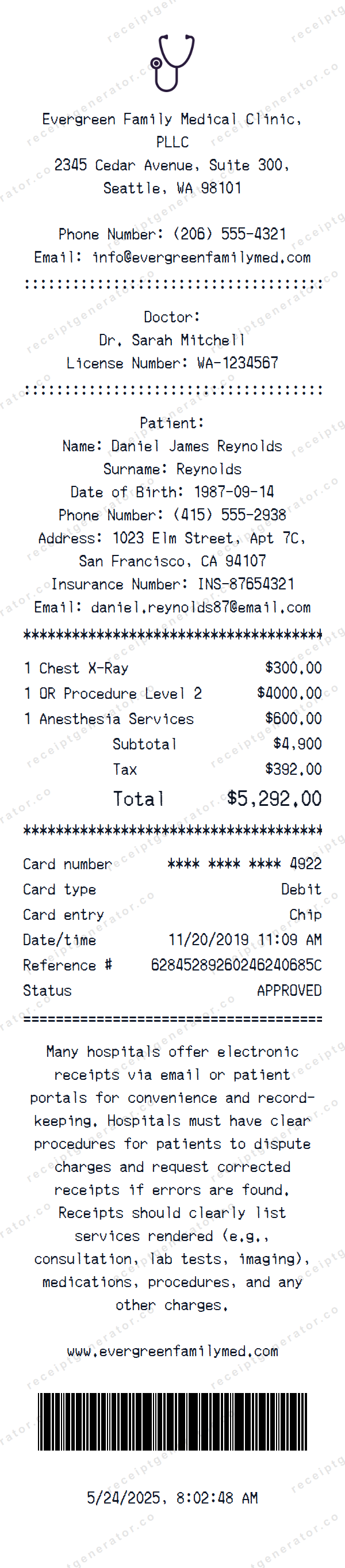 Doctor Receipt Template Doctor receipt template preview — realistic Doctor receipt with items, prices, tax, and payment details