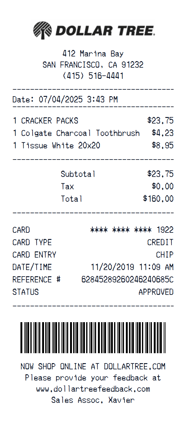 Dollar Tree receipt example