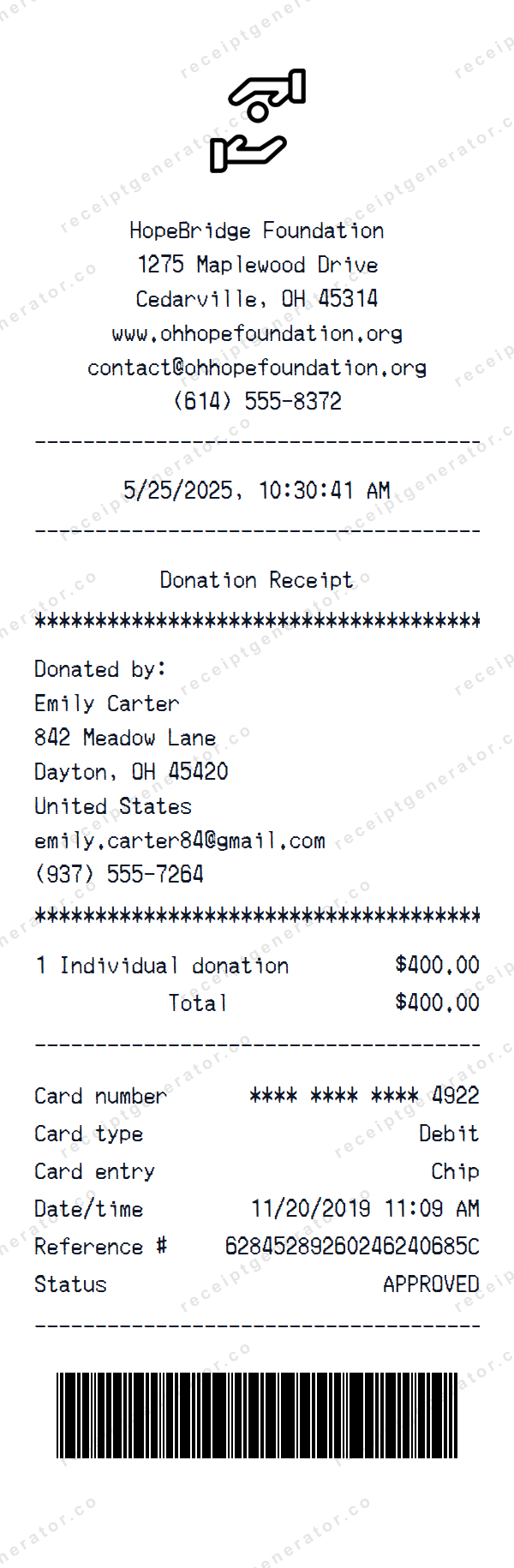 Donation Receipt Template Donation receipt template preview — realistic Donation receipt with items, prices, tax, and payment details