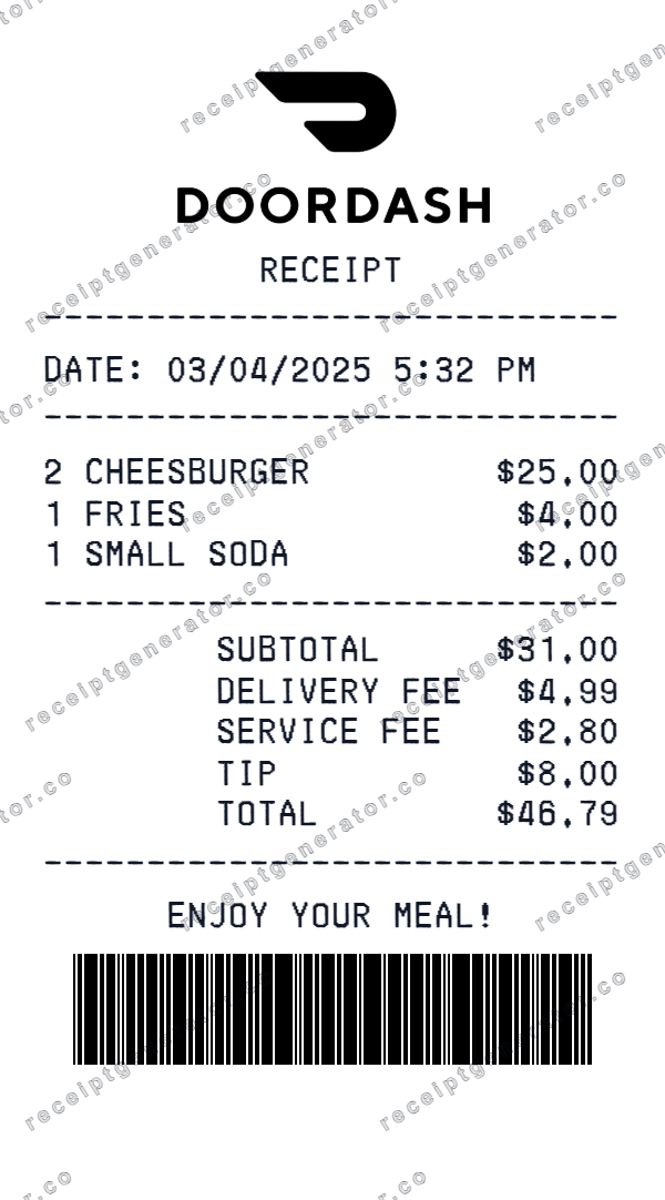 DoorDash Receipt Template DoorDash receipt template preview — realistic DoorDash receipt with items, prices, tax, and payment details