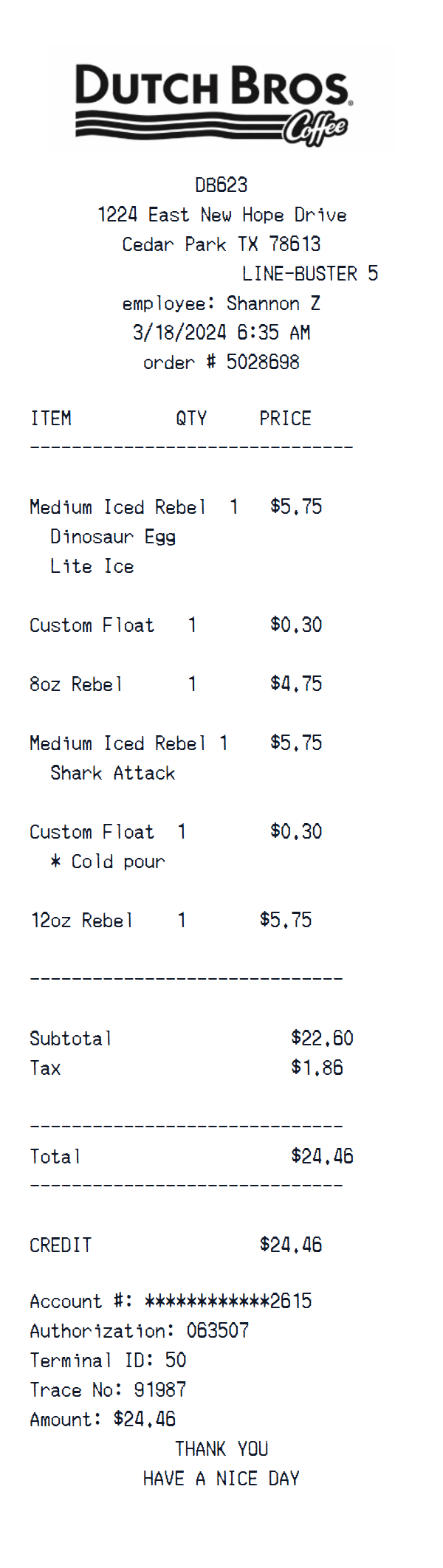 Dutch Bros Coffee receipt example