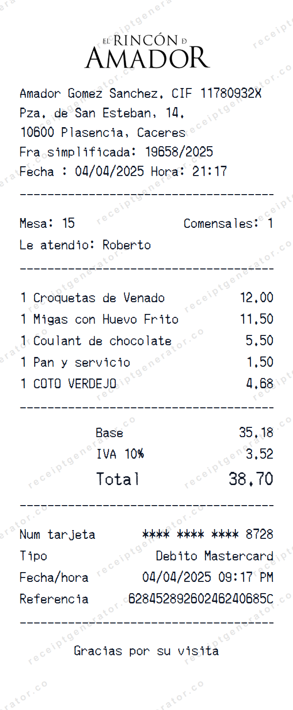 El Rincon De Amador Restaurant Receipt Template El Rincon De Amador Restaurant receipt template preview — realistic El Rincon De Amador Restaurant receipt with items, prices, tax, and payment details