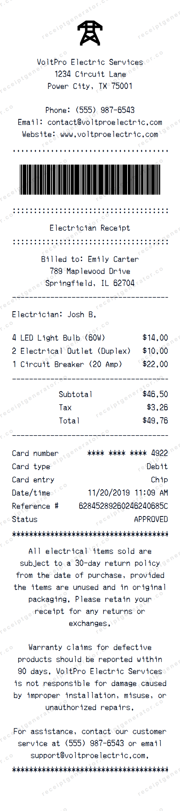 Electrician Receipt Template Electrician receipt template preview — realistic Electrician receipt with items, prices, tax, and payment details