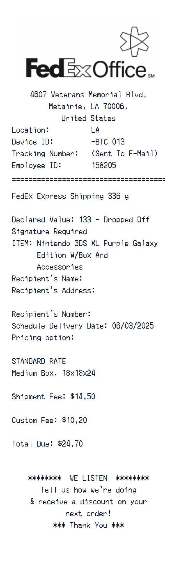 FedEx Office receipt example