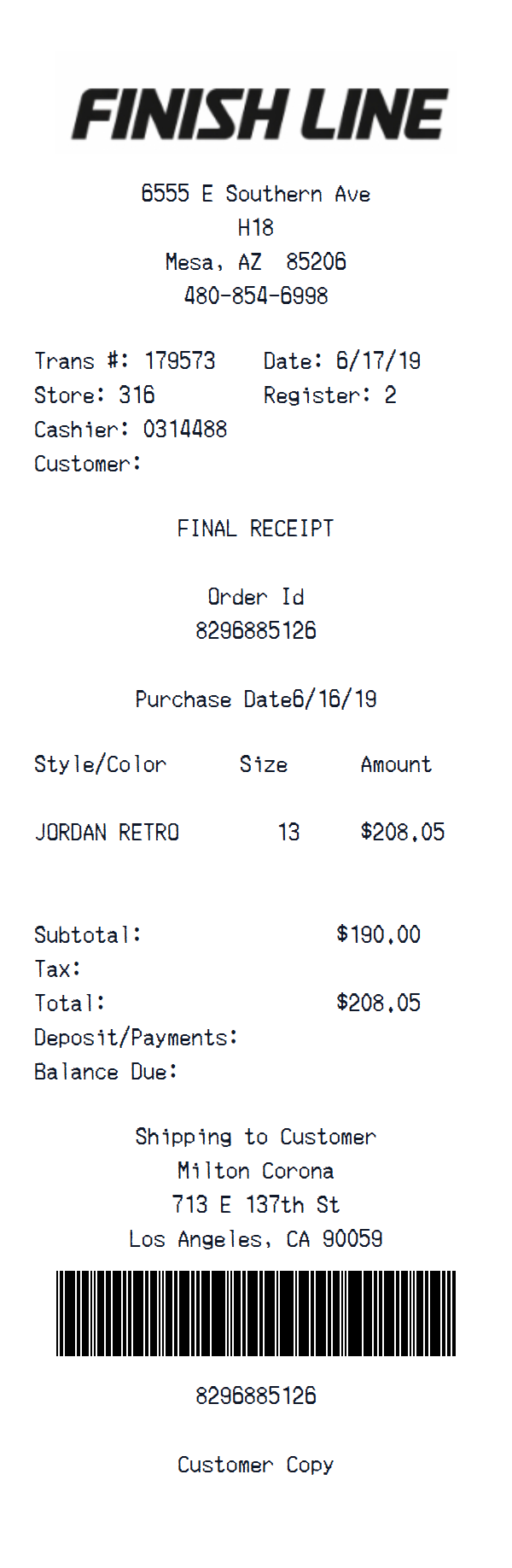 Finish Line receipt example
