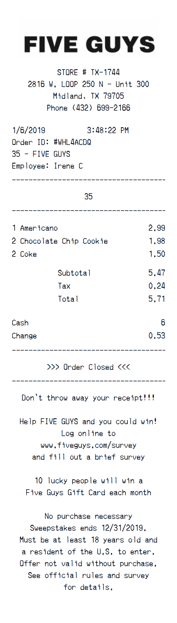 Five Guys receipt example